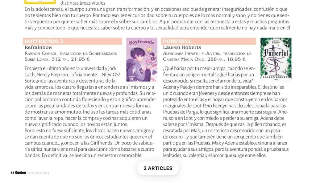 📸 Imagen de la revista Qué Leer de septiembre de 2024, con una reseña avistada por Lawrence Schimel. ¡Gracias, compañero! ♥